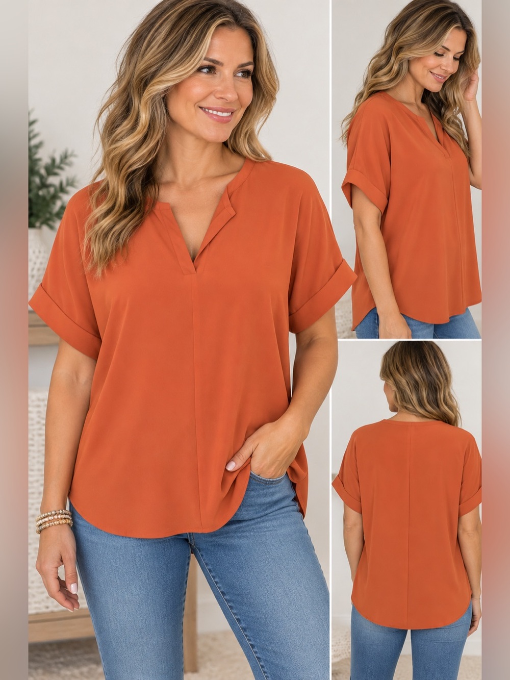 ZENANA Women’s Terracotta V-Neck Blouse Size L